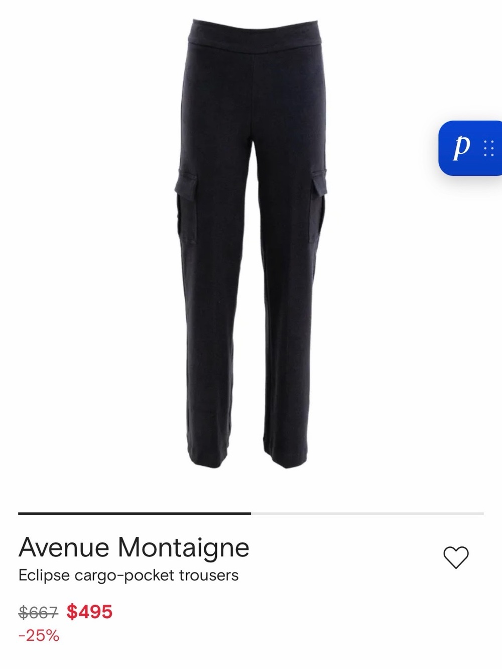 Avenue Montaigne Black cargo pant. SZ10